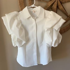 White ruffle sleeve button down shirt women size Large NWT. Holiday dressy shirt